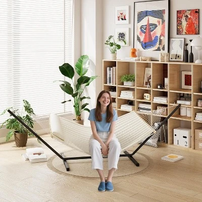 Double Hammock With Space Foldable Saving Steel Stand Included 2 Person Heavy Duty Outside Garden Yard 450lb Capacity For Garden Outdoor Beige 8 Double Hammock With Space Foldable Saving Steel Stand Included 2 Person Heavy Duty Outside Garden Yard 450lb Capacity For Garden Outdoor Beige - Image 8