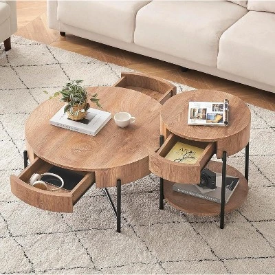 Round Coffee Table With Drawers Circle Living Room Table Wood Accent Coffee Table 4 Round Coffee Table With Drawers Circle Living Room Table Wood Accent Coffee Table - Image 4
