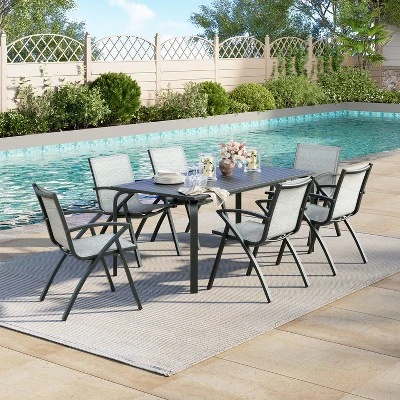 9 PCS Aluminum Patio Dining Set, Outdoor Furniture Set With 8 Stackable Aluminum Dining Chairs And Table, Outdoor Table And Chairs, Black 7 9 PCS Aluminum Patio Dining Set, Outdoor Furniture Set With 8 Stackable Aluminum Dining Chairs And Table, Outdoor Table And Chairs, Black - Image 7