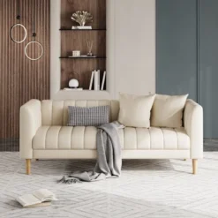 Garvee Faux Leather Sofa Couch, Modern 78" W Sofa With Deep Seats, 3 Seater Sofa Couch With 2 Throw Pillows And Wood Legs, For Living Room