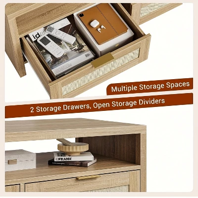 Garvee Rattan Coffee Table With 2 Drawers, Wooden Coffee Table With Open Storage, Oak 2 Garvee Rattan Coffee Table With 2 Drawers, Wooden Coffee Table With Open Storage, Oak - Image 2