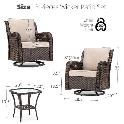 3 Pieces Outdoor Wicker Swivel Rocker Patio Set, 360-Degree Swivel Rocking Chair Elegant Wicker Patio Bistro Set With Tempered Glass Top Side Table 6 3 Pieces Outdoor Wicker Swivel Rocker Patio Set, 360-Degree Swivel Rocking Chair Elegant Wicker Patio Bistro Set With Tempered Glass Top Side Table - Image 6