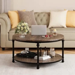 Round Coffee Table Rustic Center Table With Storage Shelf 2-Tier -Garvee Sales GUEST 9e7247df 99c3 43b7 8110 7d311ddbb36d