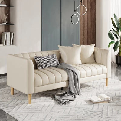 Garvee Faux Leather Sofa Couch, Modern 78" W Sofa With Deep Seats, 3 Seater Sofa Couch With 2 Throw Pillows And Wood Legs, For Living Room 8 Garvee Faux Leather Sofa Couch, Modern 78" W Sofa With Deep Seats, 3 Seater Sofa Couch With 2 Throw Pillows And Wood Legs, For Living Room - Image 8