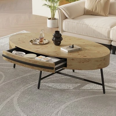 Oval Coffee Table Mid-Century Modern Center Table With Drawer Wooden Coffee Table With Storage And Cross Metal Legs 8 Oval Coffee Table Mid-Century Modern Center Table With Drawer Wooden Coffee Table With Storage And Cross Metal Legs - Image 8