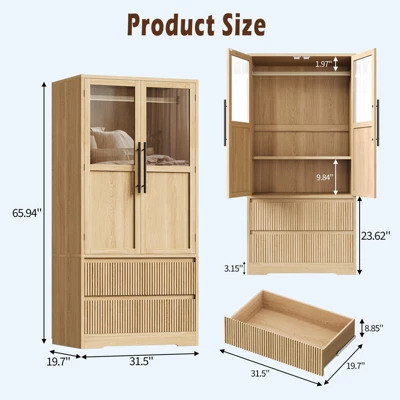 Bedroom Wooden Armoire Wardrobe Closet, Wardrobe Armoire Cabinet With 2 Doors And Drawers, Freestanding Armoire With Shelves & Hanging Rod 9 Bedroom Wooden Armoire Wardrobe Closet, Wardrobe Armoire Cabinet With 2 Doors And Drawers, Freestanding Armoire With Shelves & Hanging Rod - Image 9