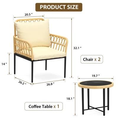 3-Piece Bistro Patio Set, All-Weather Wicker Conversation Set With Cushions & Coffee Table For Garden, Balcony, Deck, Or Poolside ¨C Beige 1 3-Piece Bistro Patio Set, All-Weather Wicker Conversation Set With Cushions & Coffee Table For Garden, Balcony, Deck, Or Poolside ¨C Beige
