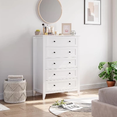 5 Drawers Dresser For Bedroom, Farmhouse Tall Wood Chest Of Drawers For Clothes, Big Storage Dressers Organizer With Gold Handles For Bedroom, White 8 5 Drawers Dresser For Bedroom, Farmhouse Tall Wood Chest Of Drawers For Clothes, Big Storage Dressers Organizer With Gold Handles For Bedroom, White - Image 8
