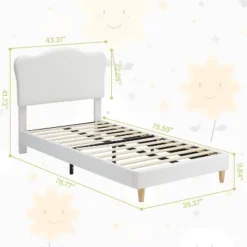 Twin Bed Frame, Twin Size Bed Frame With Cute Upholstered Headboard, Velvet Sturdy Platform Bedframe For Girls And Boys