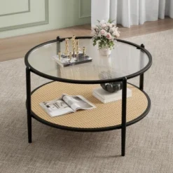 30" Rattan Coffee Table, 2-Tier Round End Table With Storage, Round Water-Wave Glass Metal Center Tables 15 30" Rattan Coffee Table, 2-Tier Round End Table With Storage, Round Water-Wave Glass Metal Center Tables -Garvee Sales GUEST a1667f5f 6e42 49b6 9987 33631a5eb70b