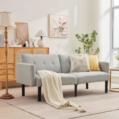 3-Position Adjustable Futon Sofa Bed, Compact Loveseat, Modern Mid-Century Sleeper Sofa, Convertible Couch, Living Room Couches (Grey/Brown)