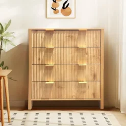 4 Drawer Wood Dresser, Waveform Fluted Panel Dresser, Modern Dressers For Storage Chest Drawers, For Living Room, Bedroom, Nursery Hallway Closet