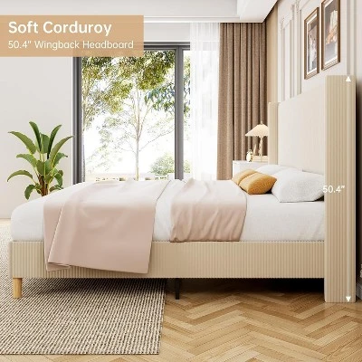 Bed Frame, Upholstered Platform Corduroy Bed Frame With Vertical Channel Tufted Wingback Headboard, Strong Wooden Slats, No Box Spring Needed 3 Bed Frame, Upholstered Platform Corduroy Bed Frame With Vertical Channel Tufted Wingback Headboard, Strong Wooden Slats, No Box Spring Needed - Image 3