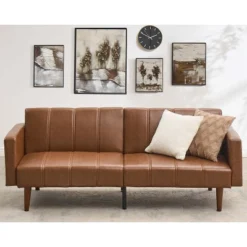 75" Futon Sofa Bed, Mid-Century Modern Futon Couch, Convertible Sleeper Sofa With Adjustable Backrest, Loveseat With Side Pockets, PU Leather, Brown