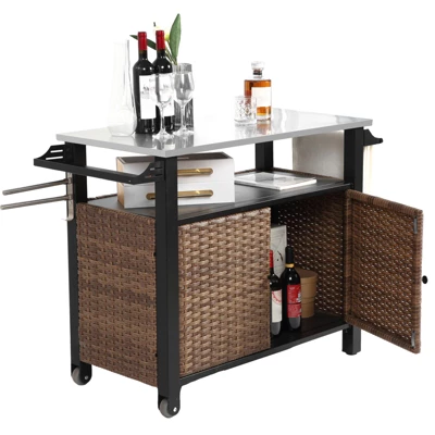 Outdoor Wicker Bar Cart, Kitchen Island Grill Table With Wheel,Rolling Buffet Serving Cart With Stainless Steel Top For Porch Garden Poolside 1 Outdoor Wicker Bar Cart, Kitchen Island Grill Table With Wheel,Rolling Buffet Serving Cart With Stainless Steel Top For Porch Garden Poolside