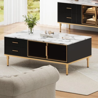 Whizmax Faux Marble Coffee Table - Modern Living Room Table With 4 Drawers & Glass Doors, Fluted Panel Design 5 Whizmax Faux Marble Coffee Table - Modern Living Room Table With 4 Drawers & Glass Doors, Fluted Panel Design - Image 5