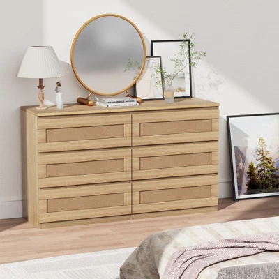 Dresser For Bedroom, Rattan 6/8 Drawer Dresser For Closet, Double Wood Dressers & Chest Of Drawers, For Bedroom/Living Room/Entryway, Natural 4 Dresser For Bedroom, Rattan 6/8 Drawer Dresser For Closet, Double Wood Dressers & Chest Of Drawers, For Bedroom/Living Room/Entryway, Natural - Image 4