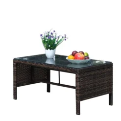 Outdoor Wicker Coffee Table, Rattan Side Table With Tempered Glass Top, Patio Furniture Garden Coffee Table For Balcony Garden Backyard Poolside