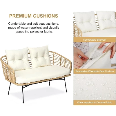 4-Piece Outdoor Patio Furniture Set With Boho Rope Wicker Sofa, Loveseat & Glass Table, All-Weather Couch For Garden, Backyard, Porch 3 4-Piece Outdoor Patio Furniture Set With Boho Rope Wicker Sofa, Loveseat & Glass Table, All-Weather Couch For Garden, Backyard, Porch - Image 3