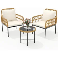 3 Piece Patio Bistro Set, Outdoor Wicker Apartment Balcony Furniture Sets, Rattan Table And Chairs Set Of 2, Beige -Garvee Sales GUEST a7ee7f24 05f2 4709 b36a d6b0ff93b7b4