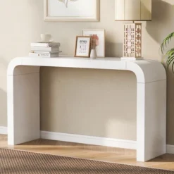 55.1-Inch Console Table, Minimalist Curved Design Entryway Table Sofa Table With Acacia Veneer And Two Legs For Entryway, Hallway, Living Room 13 55.1-Inch Console Table, Minimalist Curved Design Entryway Table Sofa Table With Acacia Veneer And Two Legs For Entryway, Hallway, Living Room -Garvee Sales GUEST a7ef484a 97ed 464c 9656 f0e0287ac921