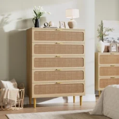 Garvee Rattan 5 Drawer Dresser For Bedroom, Tall Chest With Wide Top And Deep Storage Drawers For Living Room, Hallway, Kids Room -Garvee Sales GUEST a8a16747 01e4 46ca a7bb 3fb67872958c