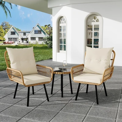 3 Piece Outdoor Wicker Patio Bistro Set, Rattan Conversation Set With Glass Top Coffee Table And Cushioned Chairs, All-Weather Balcony Furniture Set 3 3 Piece Outdoor Wicker Patio Bistro Set, Rattan Conversation Set With Glass Top Coffee Table And Cushioned Chairs, All-Weather Balcony Furniture Set - Image 3