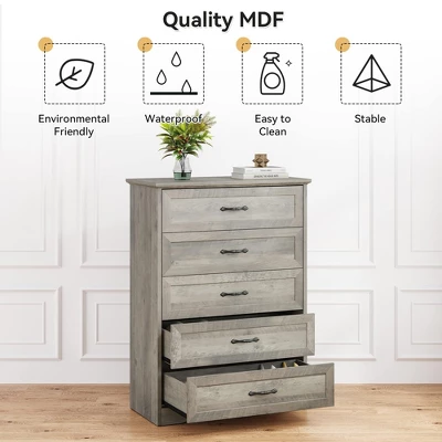 5 Drawer Dresser, Farmhouse Chest Of Drawers With Metal Handles, Modern Storage Organizer, Wooden Dresser For Living Room, Hallway 3 5 Drawer Dresser, Farmhouse Chest Of Drawers With Metal Handles, Modern Storage Organizer, Wooden Dresser For Living Room, Hallway - Image 3