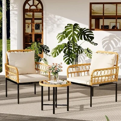 3-Piece All-Weather Wicker Rattan Bistro Patio Furniture Set With Glass Table And Thick Cushions, For Balcony, Garden, Backyard, And Poolside, Beige 7 3-Piece All-Weather Wicker Rattan Bistro Patio Furniture Set With Glass Table And Thick Cushions, For Balcony, Garden, Backyard, And Poolside, Beige - Image 7