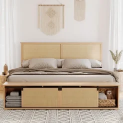 Whizmax Natural Rattan Bed Frame With Sliding Barn Door Storage Cabinets And LED Light Headboard,Boho Platform Bed With Wood Legs -Garvee Sales GUEST a9df5cda 04d4 4edd b148 fe9f2d24082f