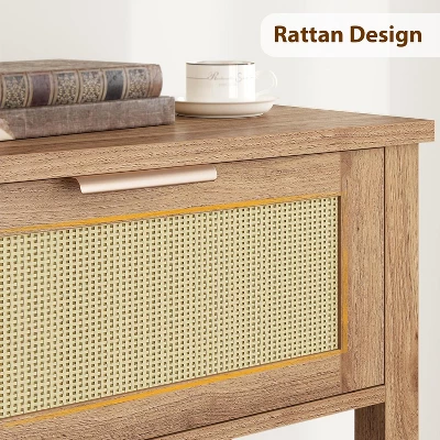 Rattan Console Table With 2 Drawers, Wooden Entryway Table With Rattan Sliding Door 5 Rattan Console Table With 2 Drawers, Wooden Entryway Table With Rattan Sliding Door - Image 5