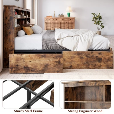 Storage Wooden Bed Frame With Bookcase Headboard And 4 Large Drawers 5 Storage Wooden Bed Frame With Bookcase Headboard And 4 Large Drawers - Image 5