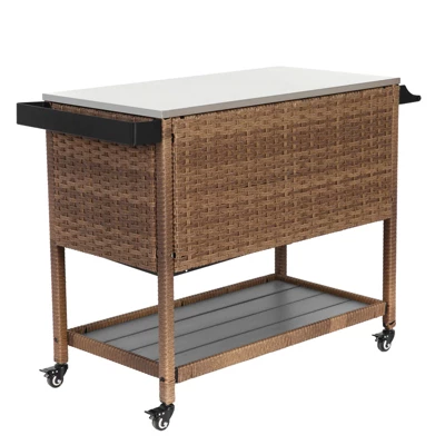Outdoor Wicker Bar Cart, Patio Wine Serving Cart With Stainless Steel Top, Beverage Bar Prep Table With Storage & Wheel For Backyard Poolside Brown 4 Outdoor Wicker Bar Cart, Patio Wine Serving Cart With Stainless Steel Top, Beverage Bar Prep Table With Storage & Wheel For Backyard Poolside Brown - Image 4
