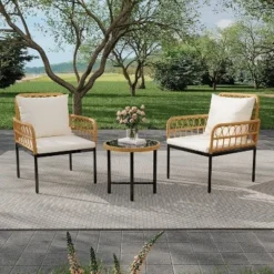 3-Piece All-Weather Wicker Rattan Bistro Patio Furniture Set With Glass Table And Thick Cushions, For Balcony, Garden, Backyard, And Poolside, Beige 11 3-Piece All-Weather Wicker Rattan Bistro Patio Furniture Set With Glass Table And Thick Cushions, For Balcony, Garden, Backyard, And Poolside, Beige -Garvee Sales GUEST aba315e5 0f1a 4247 a81f f677f0106335