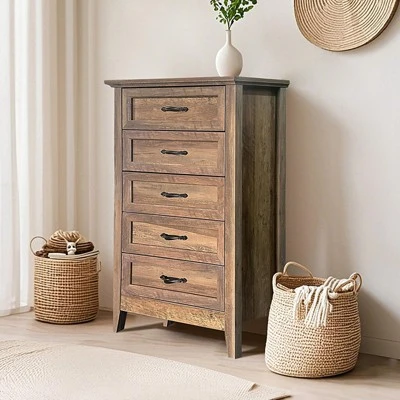 5 Drawer Vintage Wood Dresser, Tall Chest For Closet And Bedroom, Storage Organizer For Living Room, Nursery, Hallway, Kids Room 8 5 Drawer Vintage Wood Dresser, Tall Chest For Closet And Bedroom, Storage Organizer For Living Room, Nursery, Hallway, Kids Room - Image 8