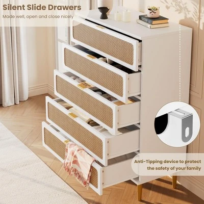 Garvee Rattan 5 Drawer Dresser For Bedroom, Tall Dresser With Deep Drawers, Large Chest Of Drawers For Closet With Wide Top For Living Room, Hallway 4 Garvee Rattan 5 Drawer Dresser For Bedroom, Tall Dresser With Deep Drawers, Large Chest Of Drawers For Closet With Wide Top For Living Room, Hallway - Image 4