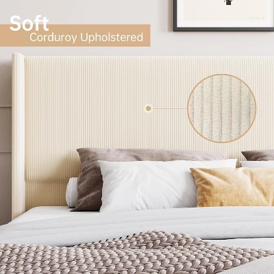 Bed Frame, Upholstered Platform Corduroy Bed Frame With Vertical Channel Tufted Wingback Headboard, Strong Wooden Slats, No Box Spring Needed 4 Bed Frame, Upholstered Platform Corduroy Bed Frame With Vertical Channel Tufted Wingback Headboard, Strong Wooden Slats, No Box Spring Needed - Image 4