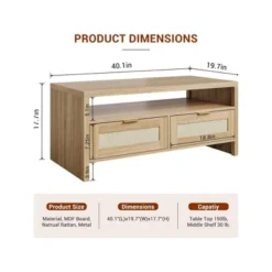 Garvee Rattan Coffee Table With 2 Drawers, Wooden Coffee Table With Open Storage, Oak