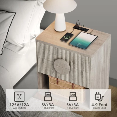 Fluted Nightstand With Charging Station - 2 Drawers + Open Shelf, Modern Wood Bedside Table For Bedroom & Living Room Storage 3 Fluted Nightstand With Charging Station - 2 Drawers + Open Shelf, Modern Wood Bedside Table For Bedroom & Living Room Storage - Image 3