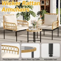 3 Piece Patio Bistro Set, Outdoor Wicker Apartment Balcony Furniture Sets, Rattan Table And Chairs Set Of 2, Beige -Garvee Sales GUEST ad2547c5 6069 4d45 80ae 04857b540127