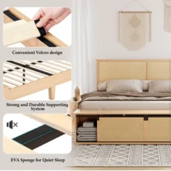 Whizmax Natural Rattan Bed Frame With Sliding Barn Door Storage Cabinets And LED Light Headboard,Boho Platform Bed With Wood Legs -Garvee Sales GUEST adb265d0 9bd0 475a 9f03 3f0eec674414