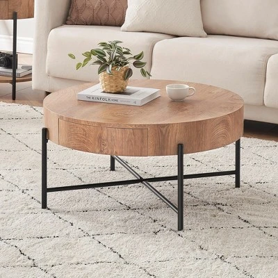 Garvee Coffee Table With Drawers Round Center Table Wood Look Circle Coffee Table Farmhouse Cocktail Table Metal Frame Living Room 2 Garvee Coffee Table With Drawers Round Center Table Wood Look Circle Coffee Table Farmhouse Cocktail Table Metal Frame Living Room - Image 2