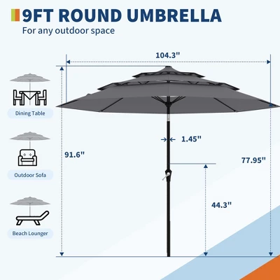 Outdoor 3 Tier Vented Large Market Table Umbrella, 9FT Patio 3 Tier Umbrella Canopy, Heavy Duty Patio Umbrellas 3 Tiers, 8 Ribs, Hand Crank 3 Outdoor 3 Tier Vented Large Market Table Umbrella, 9FT Patio 3 Tier Umbrella Canopy, Heavy Duty Patio Umbrellas 3 Tiers, 8 Ribs, Hand Crank - Image 3