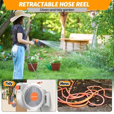 65/100/130 Ft Retractable Garden Hose Reel, With 9 Function Sprayer Nozzle, Any Length Lock, Automatic Slow Rewind, Wall Mounted, 180°Swivel Bracket 1 65/100/130 Ft Retractable Garden Hose Reel, With 9 Function Sprayer Nozzle, Any Length Lock, Automatic Slow Rewind, Wall Mounted, 180°Swivel Bracket
