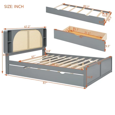 Queen Size Bed Frame With Trundle, Wood Platform Bed With Rattan Headboard & 2 Drawers, Wooden Slats Support, No Box Spring Required 3 Queen Size Bed Frame With Trundle, Wood Platform Bed With Rattan Headboard & 2 Drawers, Wooden Slats Support, No Box Spring Required - Image 3