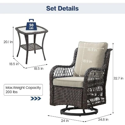 3 Pieces Outdoor Wicker Swivel Chair Set, Swivel Rocking Chairs Set Of 2 With Rattan Side Table, 360-Degree Swivel Rocking Chair For Patio Porch Pool 6 3 Pieces Outdoor Wicker Swivel Chair Set, Swivel Rocking Chairs Set Of 2 With Rattan Side Table, 360-Degree Swivel Rocking Chair For Patio Porch Pool - Image 6