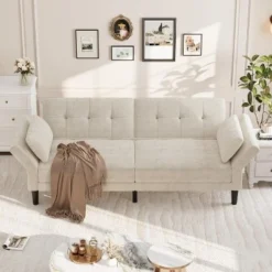 89" Chenille Futon Sofa Bed, Modern Convertible Sleeper Couch With Adjustable Backrest & Armrests, 3-Seat Sofa With 2 Pillows For Apartment -Garvee Sales GUEST afbc63ba f55e 4959 ac0d 91cc7b1b2f68