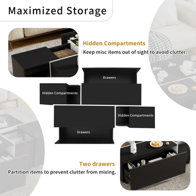 Coffee Table With Hidden Storage - Wide Tabletop, 2 Hidden Storage Space And 2 Large Drawers, Modern Design 2 Coffee Table With Hidden Storage - Wide Tabletop, 2 Hidden Storage Space And 2 Large Drawers, Modern Design - Image 2