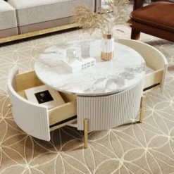 31.5" Modern Round Coffee Table, Accent Table With Marble Pattern Tabletop, Center Sofa Table For Living Room Apartment Office Balcony -Garvee Sales GUEST b0f4ad66 d269 468d a8fa 6d49af419595