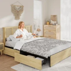 Bed Frame With Natural Rattan Headboard, Queen Size, 4 Storage Drawers, Wooden Slats, Boho-Style Cane Support, Metal Base 15 Bed Frame With Natural Rattan Headboard, Queen Size, 4 Storage Drawers, Wooden Slats, Boho-Style Cane Support, Metal Base -Garvee Sales GUEST b1af0642 5d4f 4ea6 9c12 26b74c71578d